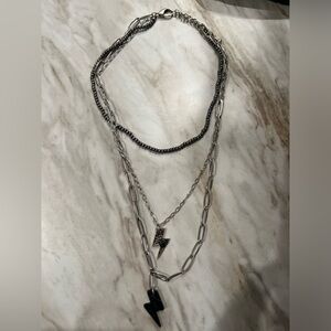 Silver and Black Layered Lightning Bolt Necklace